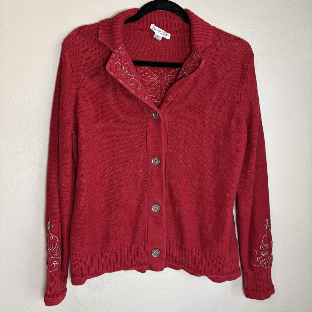 VTG Pendleton Cardigan Sweater Medium Red Buttons Embroider Holiday 100% Cotton